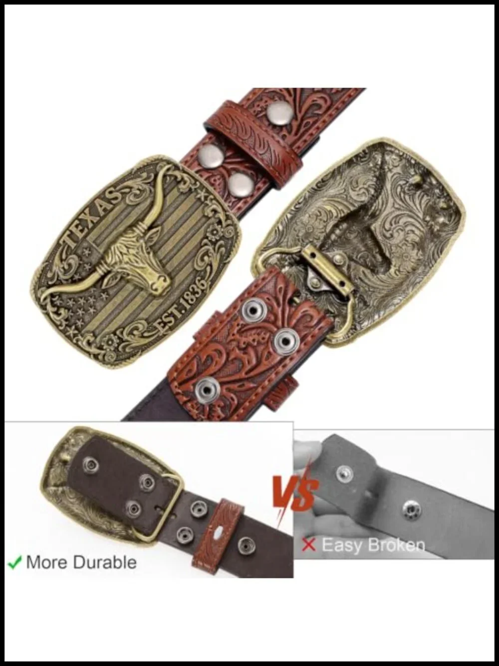 Genuine Leather Western Cowboy Belt with Removable Bull Head Buckle